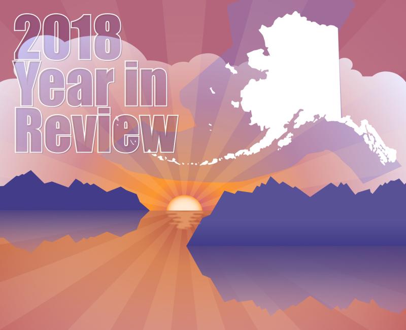 Graphic showing ocean and mountains against a sunset with the words 2018 Year in Review on the top