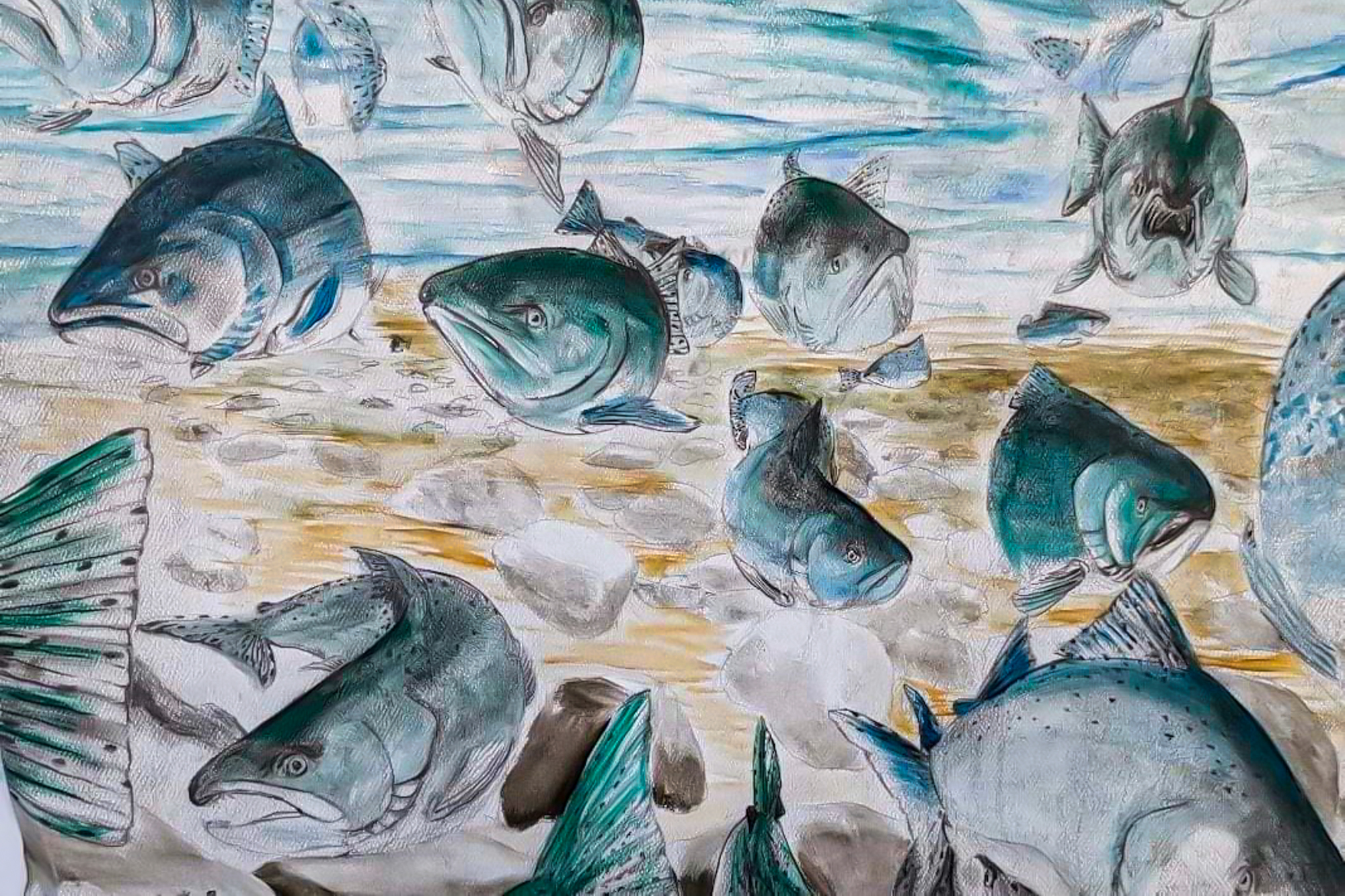 Painting of salmon migrating up the Klamath by Mt. Adams Institute Veteran Intern Evan Daley. The Mt. Adams Institute Veteran Intern program is funded by NOAA.