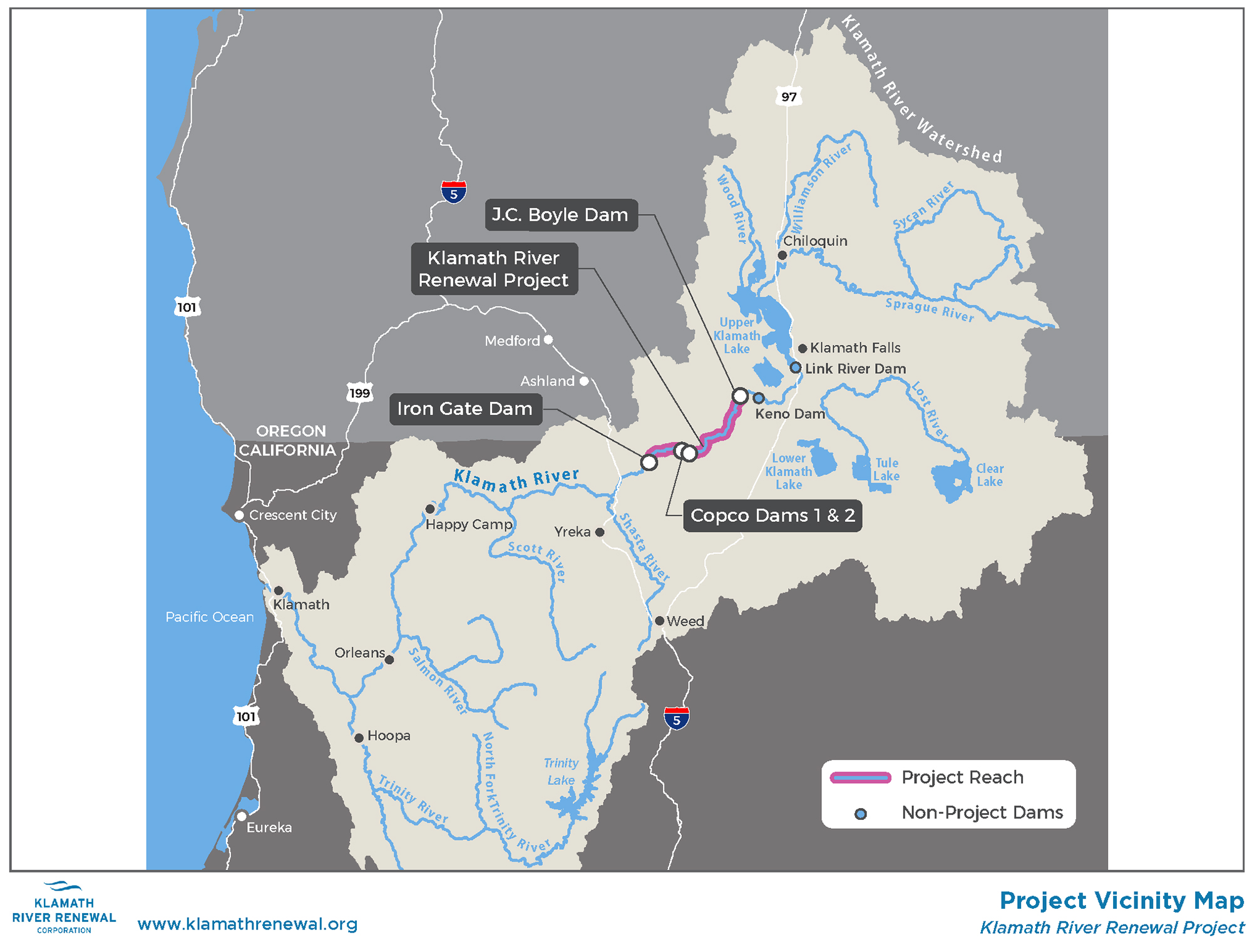 Map of the Klamath River watershed showing the four dams being removed as part of the Klamath Renewal Project as well the upstream Keno and Link River dams. (Credit: Klamath River Renewal Corporation)