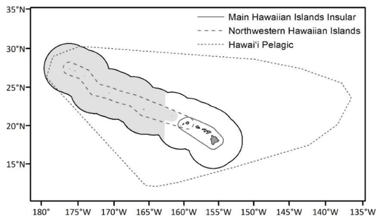 Map showing stock boundaries of the false killer whale populations in Hawaii.