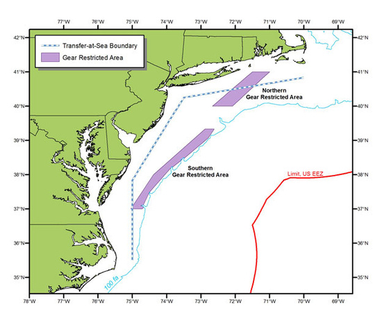 Color-coded map showing the transfer-at-sea boundary for scup along Mid-Atlantic waters and the Northern gear restricted area and Southern gear restricted area.