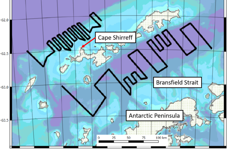 Map showing where glider flies. dark line show gliders fly through Bransfield Straight and the near Cape Shirreff