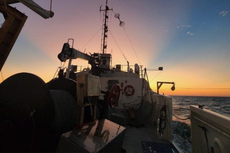A pink and orange sunrise on a blue sky over the bow of the Oregon II.
