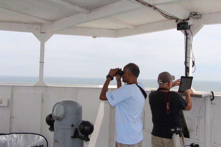 Staff member with binoculars and other staff with tablet checking mammals and sea birds.