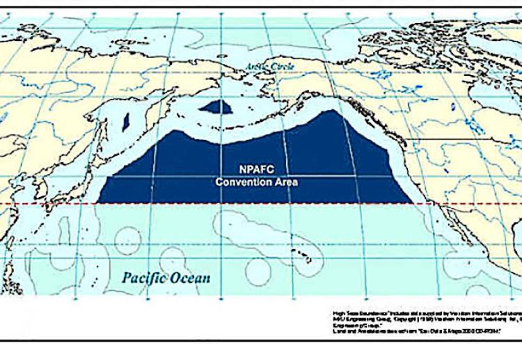 Map showing in dark blue the NPAFC Convention Area