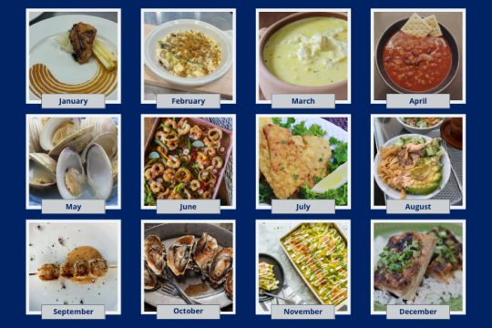 A grid (three rows with four columns) of pictures of seafood dishes with each photo labeled with a month of the year. January is sablefish, February blue mussels gratin, March monkfish bisque, April opah chili, May steamed clams, June sheet pan shrimp and vegetable fajitas, July fried bluefish, August scup poke bowl, September grilled scallops, October grilled barbeque oysters, November Alaska pollock enchiladas, and December grilled spiced mahimahi filets 