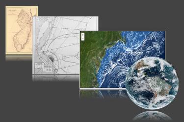  image shows four panels arranged left to right and from background to foreground. The leftmost panel shows a hand drawn map of New Jersey from the 19th century. The next panel shows a map of isotherms on the East Coast. The next panel shows a computer generated map of ocean currents in the Mid-Atlantic Bight and the rightmost panel shows a globe of the Earth with satellite imagery.