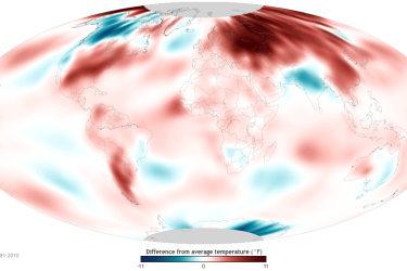 Image of a global map describing difference from average temperature for March 2020