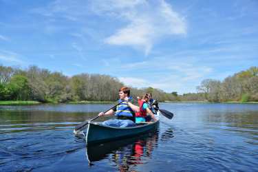 People canoeing on calm waters.