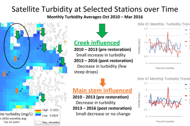 Image includes map of locations where satellite observations of water clarity were tracked, text indicating whether locations were creek-influenced or mainsteam-influenced, and graphs showing monthly turbidity trends at two of the locations.