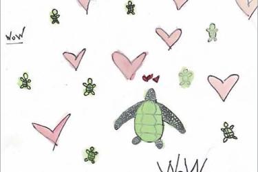 Art work of hearts and sea turtles.