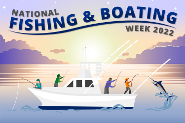 Graphic of people fishing off a boat, with a woman angler catching a marlin who is jumping out of the water