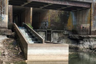 A fish passage structure and dam underneath a bridge