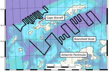 Map showing where glider flies. dark line show gliders fly through Bransfield Straight and the near Cape Shirreff