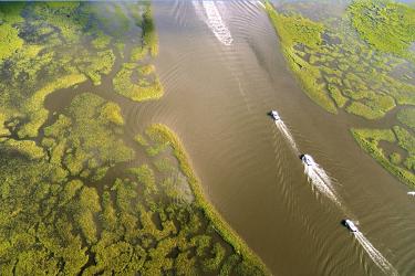 a marsh is shown with 3 boats going down a river with a wake behind them