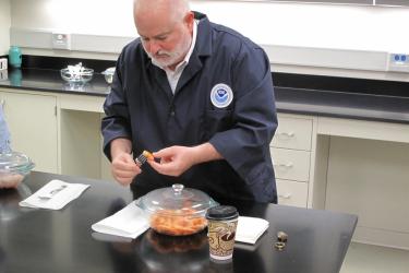 Steve Wilson, Director of NOAA Fisheries' Seafood Inspection Program, analyzes a shrimp sample at NOAA's National Seafood Inspection Lab in Pascagoula, Mississippi.
