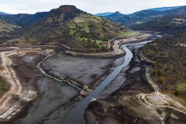 Aerial view of the Klamath River showing extensive areas of exposed sediment