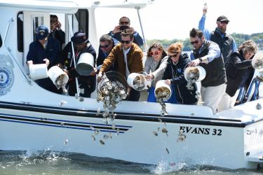 Eight people on a boat dump oyster shells into the water, while other look on.
