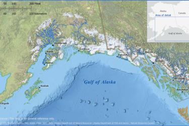 Map of Gulf of Alaska with Chinook salmon streams in blue