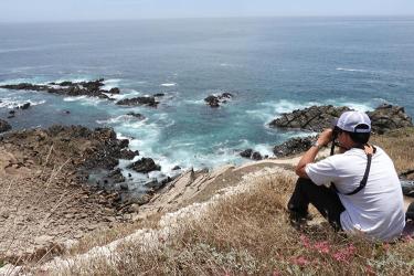 Intern sitting on a hill with binoculars looking down to a rookery 