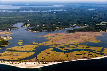 An aerial view of marshes in the Middle Peninsula of Virginia