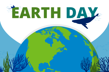 A graphic with the text "Earth Day" showing a globe, fish, corals, a whale, and seagrass.