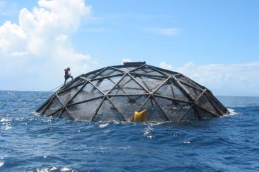 A diver walks up the side of an aquapod aquaculture net pen.