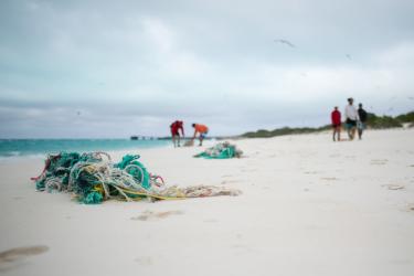 Derelict fishing nets and line piled on a beach, out-of-focus people picking up net in the background. 
