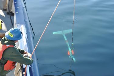 Crew member lowering a towbody. 