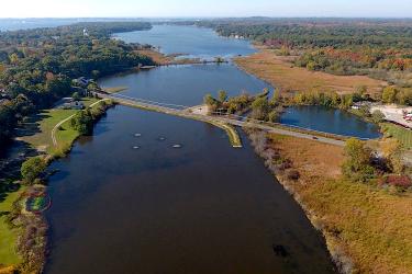 Aerial view of restored wetlands