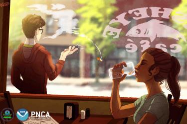 Illustration of a person drinking a glass of cigarette buts while a person tosses a cigarette butt on the ground