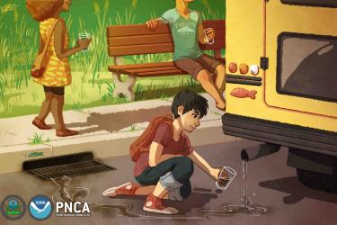 Illustration of a person filling a water glass from a school bus tail pipe