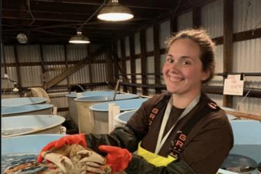 Veteran and intern Katherine Rovinski assisted with experiments on Dungeness crab. Credit: NOAA Fisheries