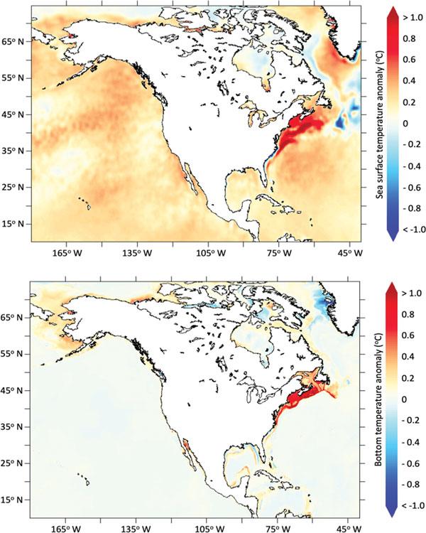 map showing the average ocean temperature from 2010-2019 and 1993-2019