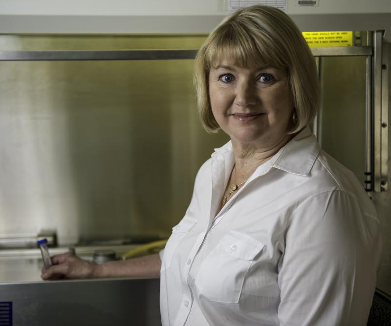 Female scientist stands in front of fume hood holding a test tube at the Milford Lab.