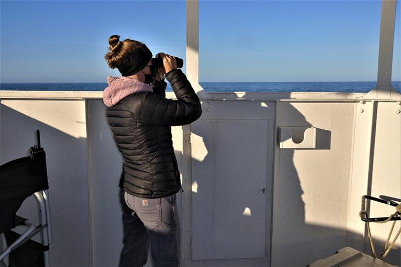 Seabird observer with binoculars on the flying bridge of the Gordon Gunter