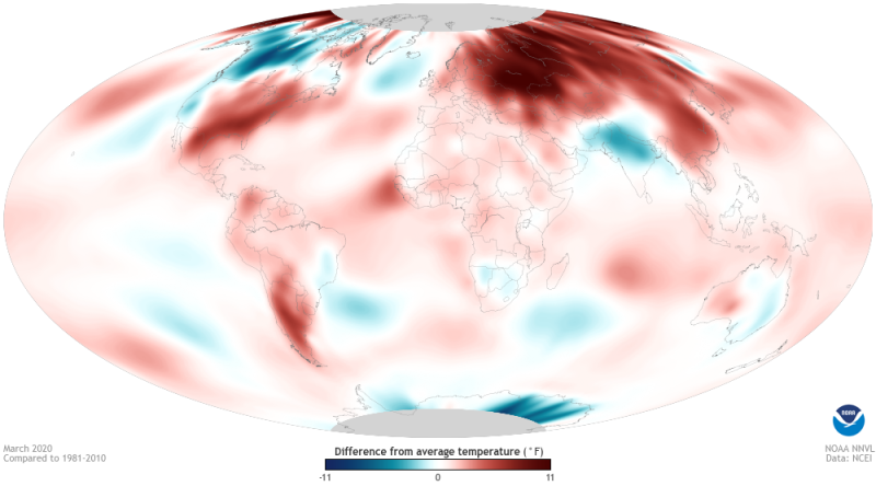 Image of a global map describing difference from average temperature for March 2020