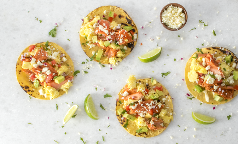 Salmon and egg breakfast tacos. 