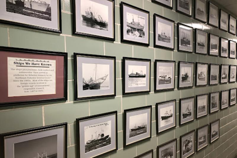Photo gallery of fishery research platforms, located on a wall at the Science Center in Woods Hole