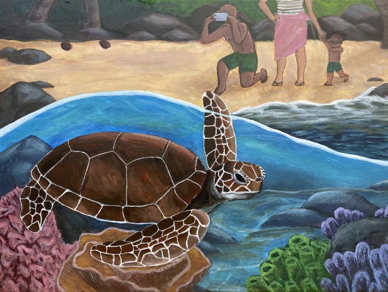 Art work - viewing a sea turtle from a distance.