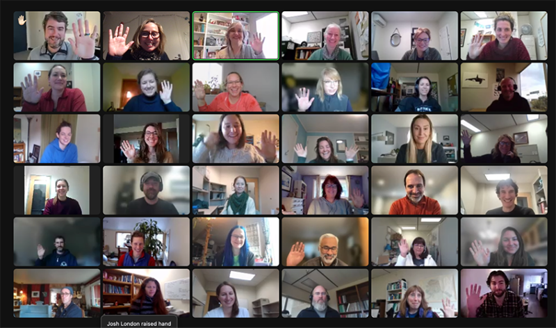 Screenshot of a zoom call with many people