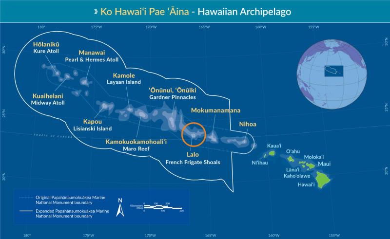 Map of the Hawaiian Archipelago of Papahānaumokuākea Marine National Monument being outlined (original and expanded).