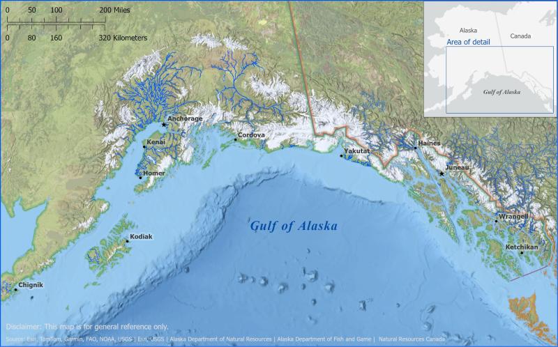 Map of Gulf of Alaska with Chinook salmon streams in blue