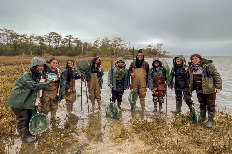 North Carolina Central University students explore an estuary at the Pine Knoll Shores Aquarium with Rachel Bisesi, Education Coordinator for the North Carolina Coastal Federation. Credit: North Carolina Coastal Federation