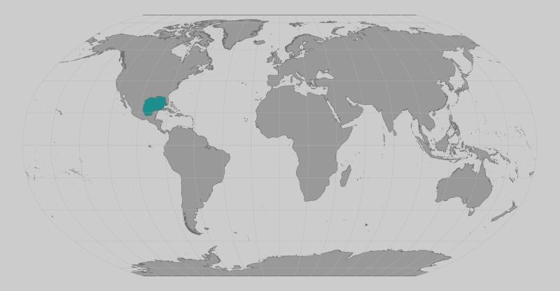 World map showing the core distribution area for the Rice's whale species around the Gulf of Mexico.