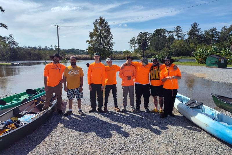 Connor Robison’s GulfCorps crew prepare to remove invasive species from the Pearl River in Mississippi. Credit: Connor Robison