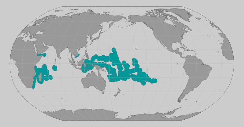 a world map representing the range population of Acropora retusa coral