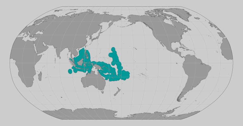 a world map representing the range population of Isopora Crateriformis coral