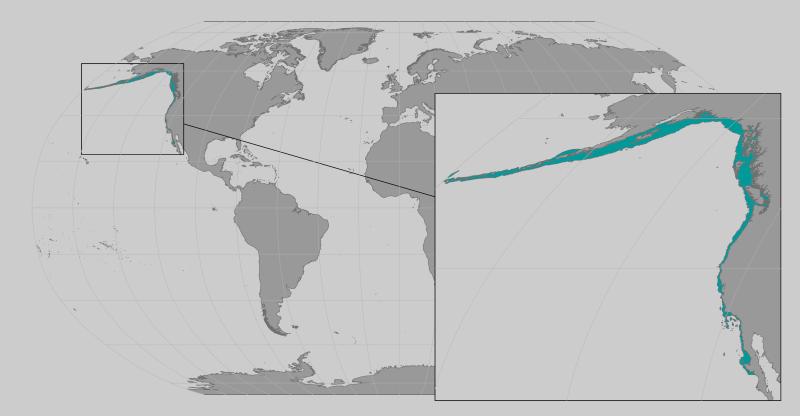 a world map representing the range population of Sunflower sea star