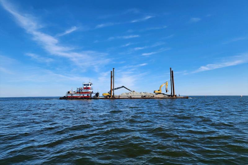 Stevens Towing building new oyster sanctuary reefs in the Pamlico Sound, North Carolina. Credit: Stevens Towing